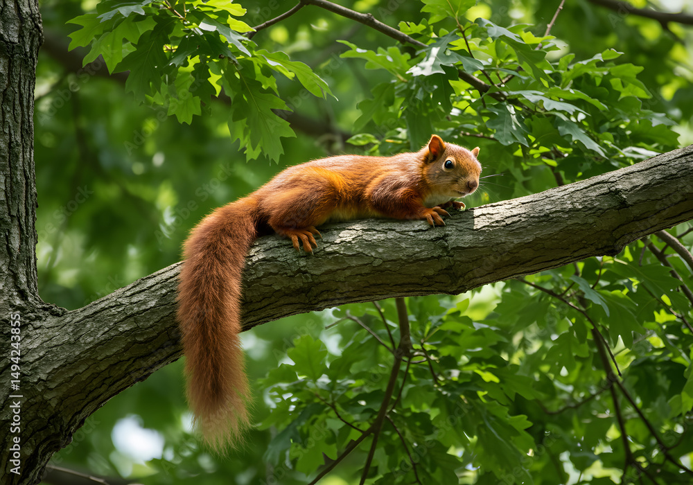 Fototapeta premium Red squirrel on tree branch