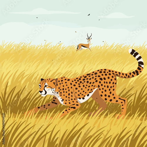 Cheetah Stalking Prey in Tall Grass Savannah Wildlife Scene