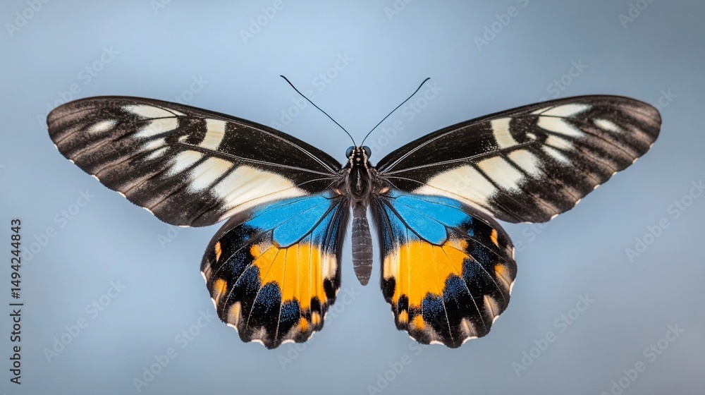 Fototapeta premium Vibrant butterfly with black, white, blue, and yellow wing patterns, centered