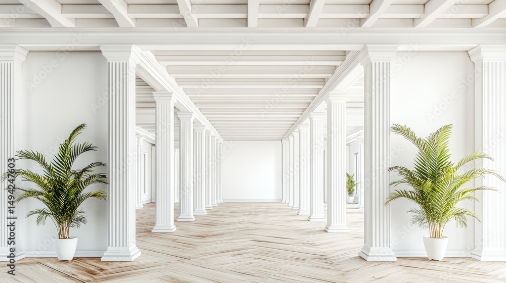 Fototapeta premium White colonnaded hall with light wood flooring.