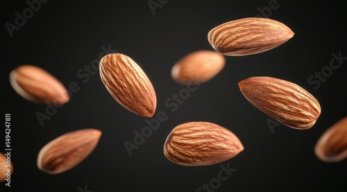 Several almonds in sharp focus, suspended against a dark background, showcasing their texture and subtle variations in color