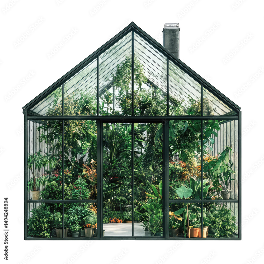 Lush Indoor Garden in Glass Greenhouse on Transparent Background, Full of Plants Lush Indoor Garden in Glass Greenhouse on Transparent Background, Full of Plants
