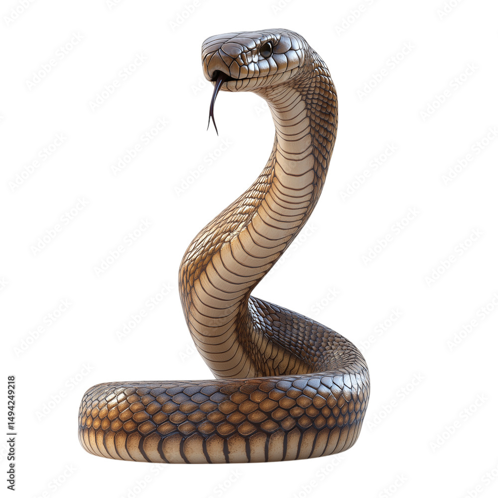 Fototapeta premium 3D Rendered Cobra Standing with Hood Flared, Featuring Detailed Scales, Sharp Fangs, and Striking Pose on White Background, Realistic Snake Illustration for Wildlife, Nature, and Educational Projects