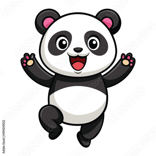 A delighted baby panda with its arms raised and a surprised expression appears to be jumping a white background