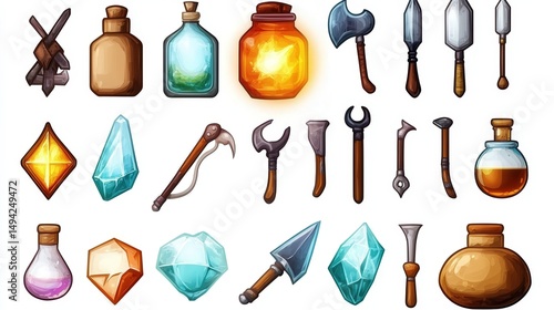 Minimalist Game Inventory Items Featuring Tools, Weapons, and Potions