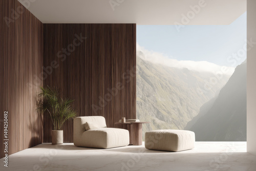 modern living room featuring natural materials like wood stone and plants emphasizing sustainability and harmony