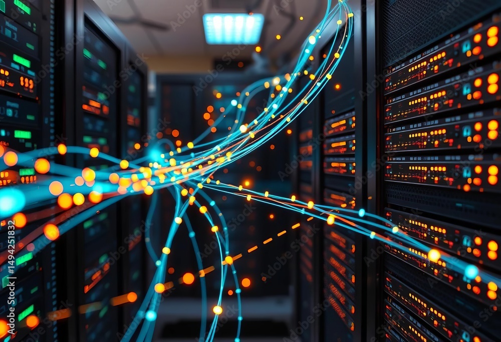 Fototapeta premium Abstract digital data streams flowing through server racks, visualized with glowing lines and nodes, interface, server