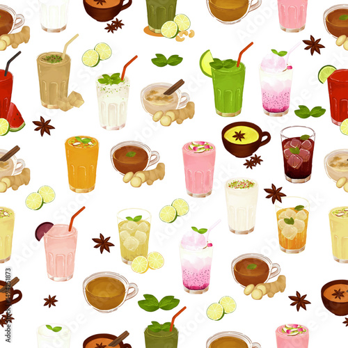 Indian Sweets and Drinks Seamless Pattern