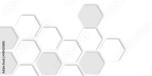 Abstract  white and grey hexagons with subtle shadows, clean, modern background featuring a repeating pattern creating a three dimensional effect. 
