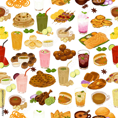 Indian Sweets and Drinks Seamless Pattern