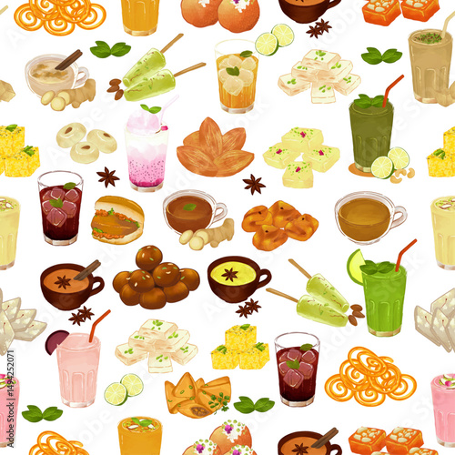 Indian Sweets and Drinks Seamless Pattern