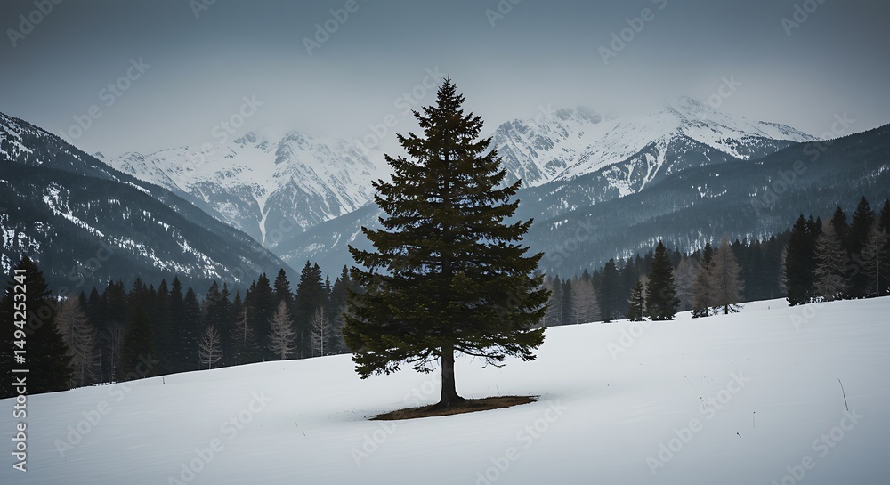Fototapeta premium Standing Evergreen Tree in Winter Landscape with Snow Covered Mountains