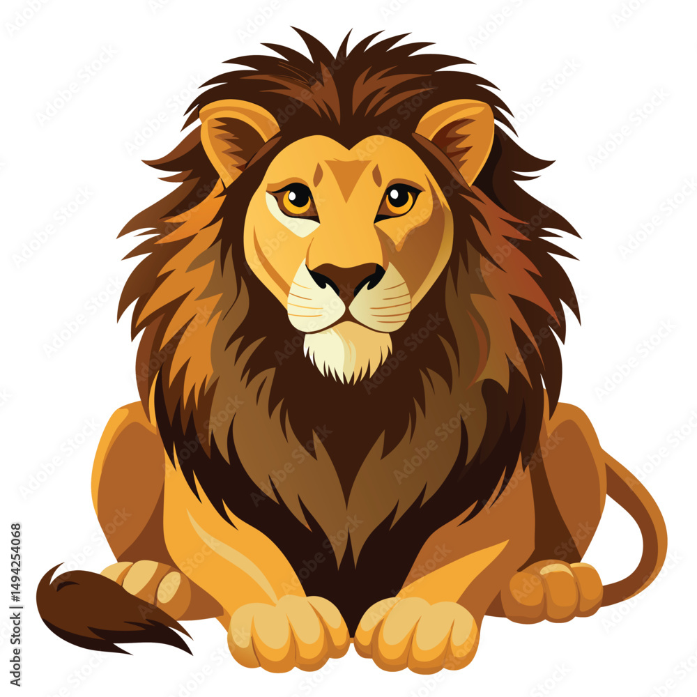 Fototapeta premium A majestic lion with a thick, dark mane rests with its front paws crossed a white background