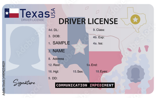 Texas driver's license. Female picture silhouette driver's license isolated on white background.