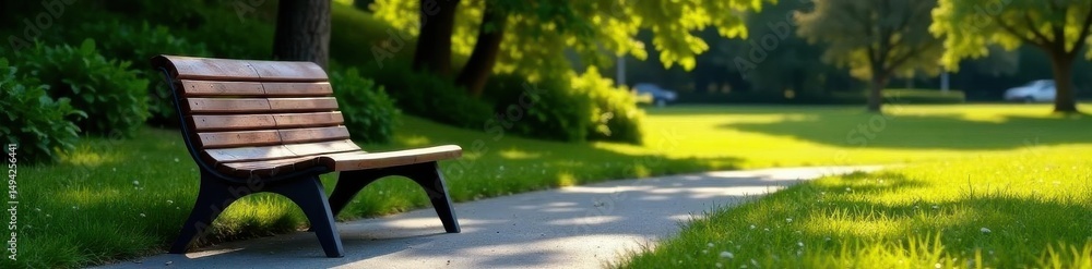 Fototapeta premium Modern metal park bench, sleek design, clean lines, seat, chrome, public space