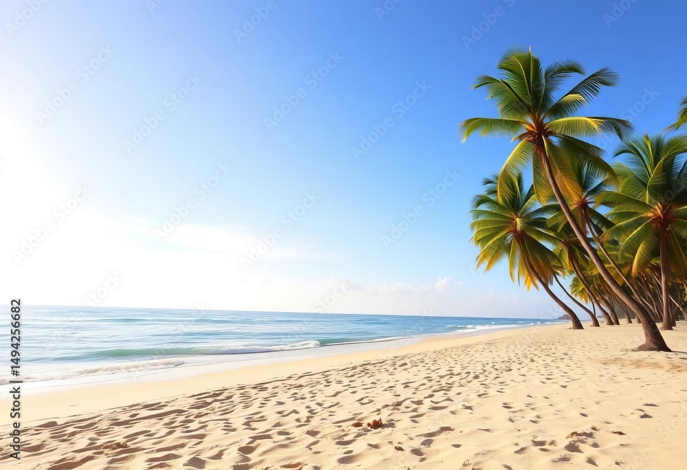 Tranquil beach scene, sun-kissed sand, palm trees swaying in gentle ocean breeze, imaginary, visual Tranquil beach scene, sun-kissed sand, palm trees swaying in gentle ocean breeze, imaginary, visual