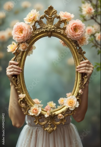 Woman Holding Ornate Floral Mirror