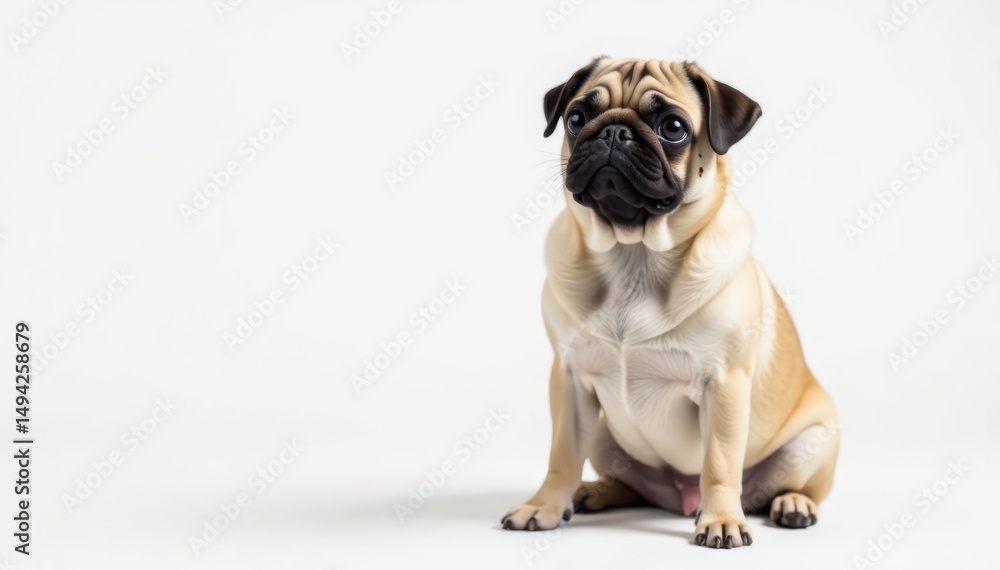 Obraz premium Adorable pug dog sits, isolated on white background, pet, cute dog, white background