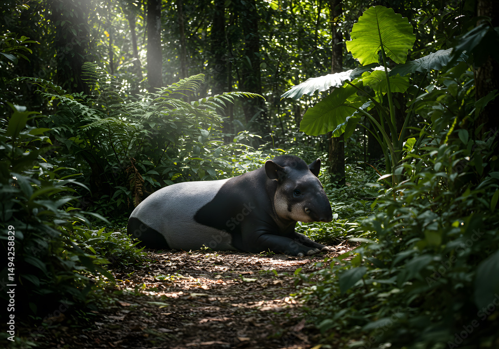 Fototapeta premium Tapir resting in lush forest