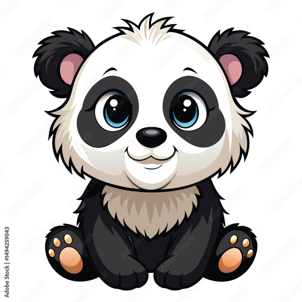 Fototapeta premium A fluffy baby panda with black and white fur sits and looks forward with a sweet expression a white background
