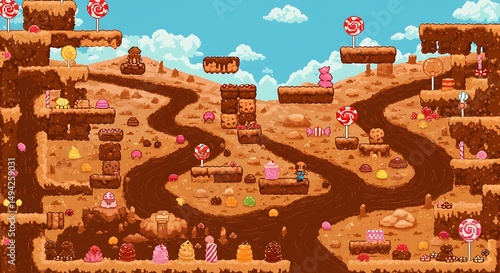 Pixelated Candy Land Game Map, Filled with Sweet Treats and Challenges