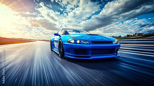 Blue Sports Car Speeding Down a Race Track Under a Dramatic Sky