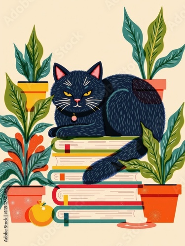 Black Cat Relaxing On Book Stack