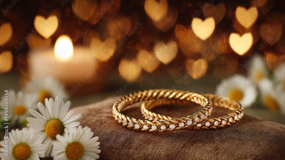 Golden friendship bracelets intertwined on velvet with daisies, celebrating bonds and heartfelt connections on International Friendship Day.
Golden friendship bracelets intertwined on velvet with daisies, celebrating bonds and heartfelt connections on International Friendship Day.