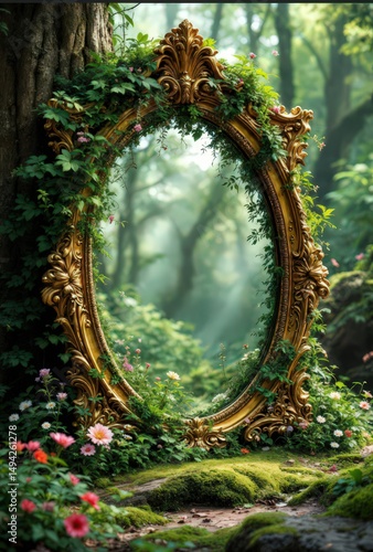 Ornate Mirror Reflects Enchanting Forest