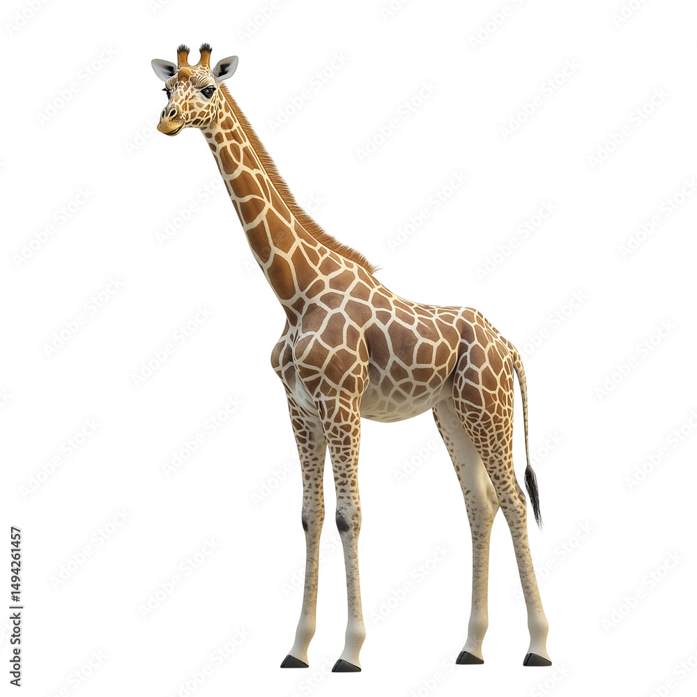Fototapeta premium 3D Rendered Giraffe Standing Tall with Graceful Neck, Detailed Fur Pattern, and Soft Lighting Emphasizing Natural Texture on White Background, Realistic Wildlife Illustration for Nature