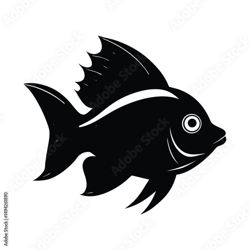 Black and white stylized illustration of a fish with distinctive fins and a clean design