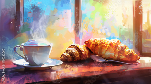 Breakfast view a bunch of croissant and a cup of coffee with cafe vibe background