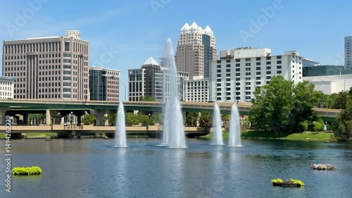 Downtown Orlando Skyline with water fountains. Located in Orlando, Orange County, Florida, USA.