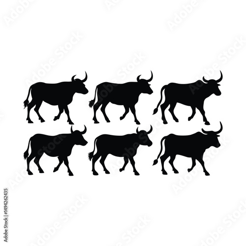 Black silhouette of six bulls walking toward the left side on a white background