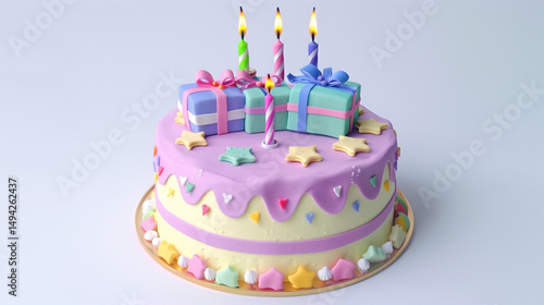 Colorful birthday cake with candles and gifts on white background with copy space