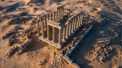 Aerial view of ancient ruins surrounded by sandy landscapes, showcasing historic architecture.