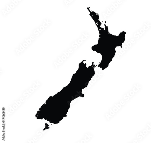 New zealand silhouette. This image displays the black outline of the New Zealand map, highlighting its geographical form and borders. Vector clipart illustration design.
