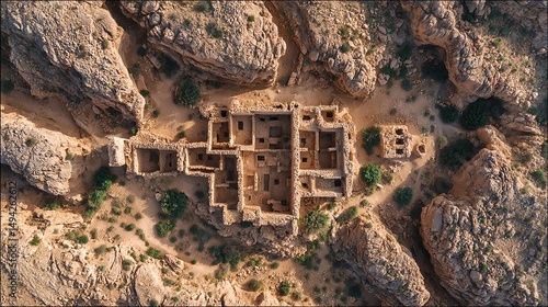 Aerial view of ancient ruins surrounded by rocky terrain, showcasing historical architecture.