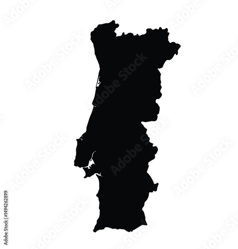 Portugal silhouette. This image shows the black silhouette of the Portugal map, with its country geographical shape and borders. Vector clipart illustration design.