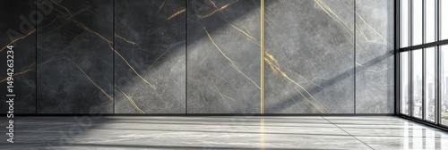 Wallpaper Mural Sunlit minimalist room with gray, gold-veined wall and large window Torontodigital.ca