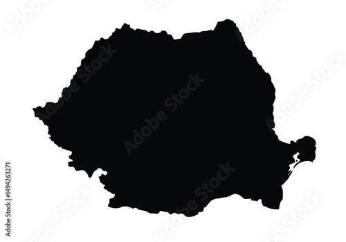 Romania silhouette. This image shows the black silhouette of the Romania map, with its country geographical shape and borders. Vector clipart illustration design.