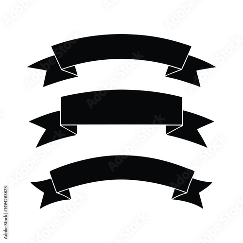 Set of three black ribbon banners in a minimalist style for titles or headlines