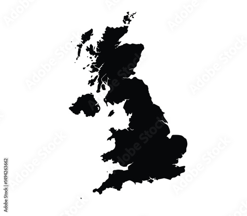 United kingdom UK silhouette. This image shows the black silhouette of the United Kingdom and Ireland map, with its country geographical shape and borders. Vector clipart illustration design.