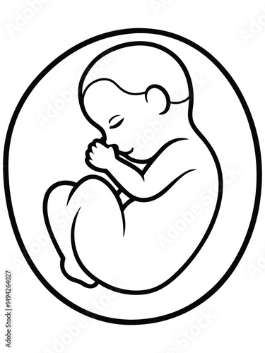 Fetus in womb outline icon. Black and white vector illustration of an unborn baby curled in fetal position inside an oval shape.