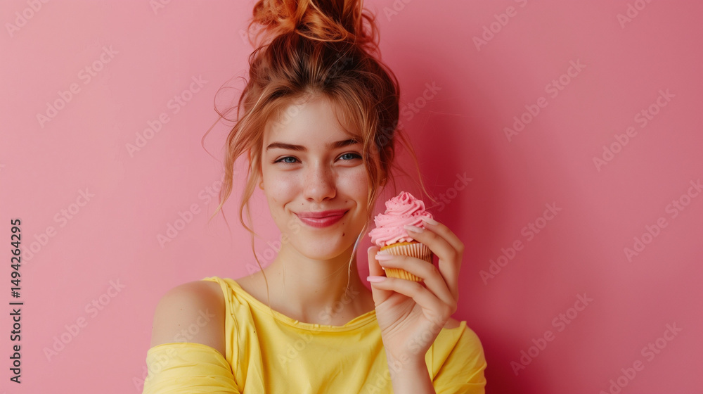 Pensive smiling young woman holding cupcake and thinking Pensive smiling young woman holding cupcake and thinking