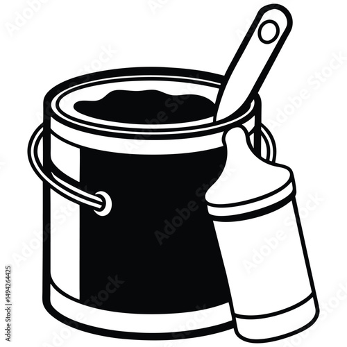 Paint can with brush and caulk tube black and white line art icon
