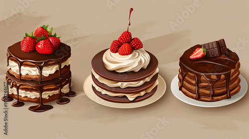 Set of sweets and desserts .chocolate pancakes, cheesecakes and chocolate slice cake