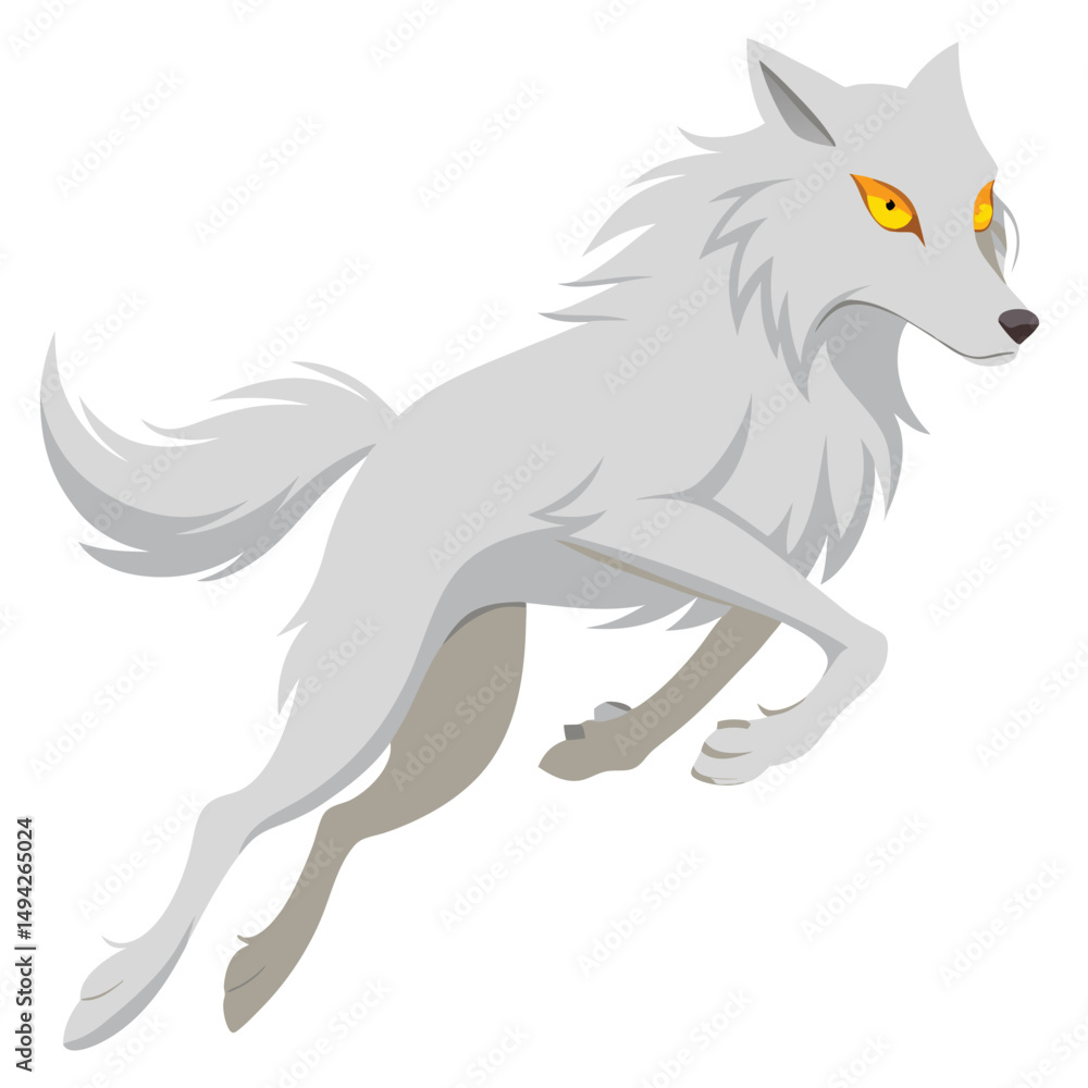 Obraz premium A light-colored wolf with yellow eyes is captured mid-leap a white background