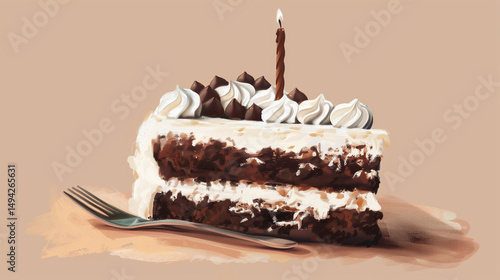 Slice of birthday cake with candle on color background