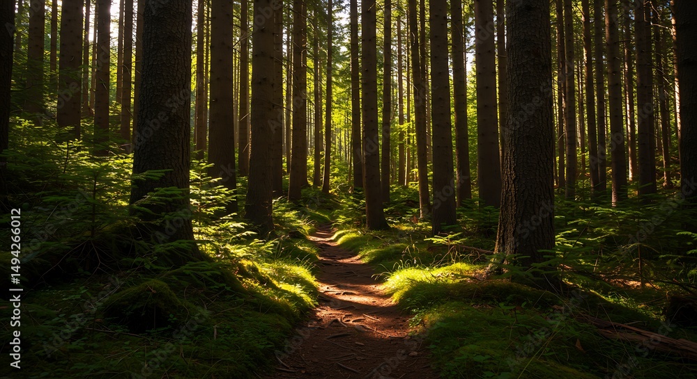 Fototapeta premium Walking Path Through Forest with Sunlight Filtering Through Trees